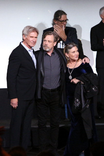 HOLLYWOOD, CA - DECEMBER 14:  (L-R) Actors Harrison Ford, Mark Hamill and Carrie Fisher attend the World Premiere of “Star Wars: The Force Awakens” at the Dolby, El Capitan, and TCL Theatres on December 14, 2015 in Hollywood, California.  (Photo by Jesse Grant/Getty Images for Disney) *** Local Caption *** Harrison Ford;Mark Hamill;Carrie Fisher